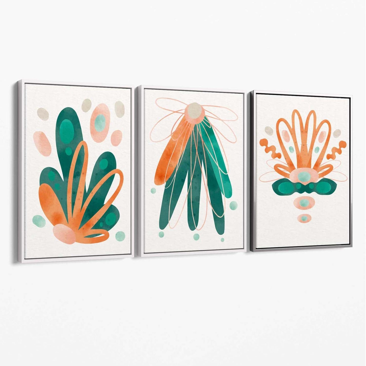 Abstraktes grün-oranges Blumen-Set aus 3 Leinwanddrucken