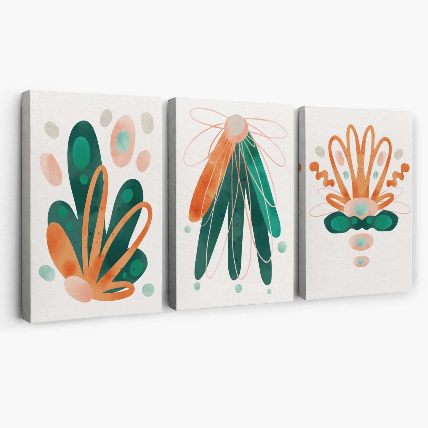 Abstraktes grün-oranges Blumen-Set aus 3 Leinwanddrucken