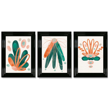 Abstraktes grün-oranges Blumenmuster, 3 gerahmte Kunstdrucke