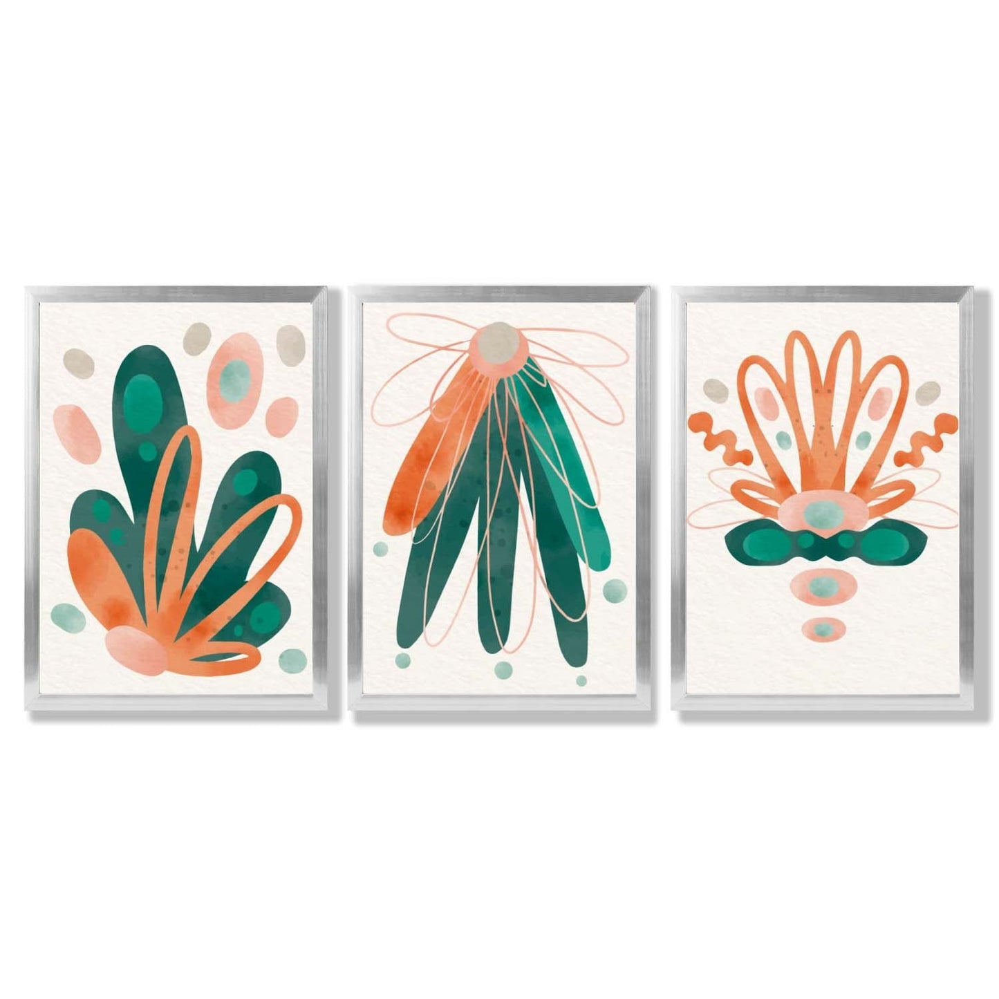 Abstraktes grün-oranges Blumenmuster, 3 gerahmte Kunstdrucke