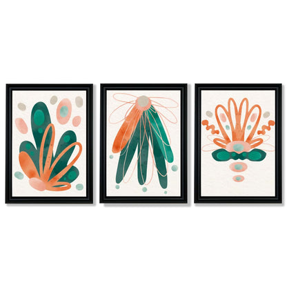 Abstraktes grün-oranges Blumenmuster, 3 gerahmte Kunstdrucke