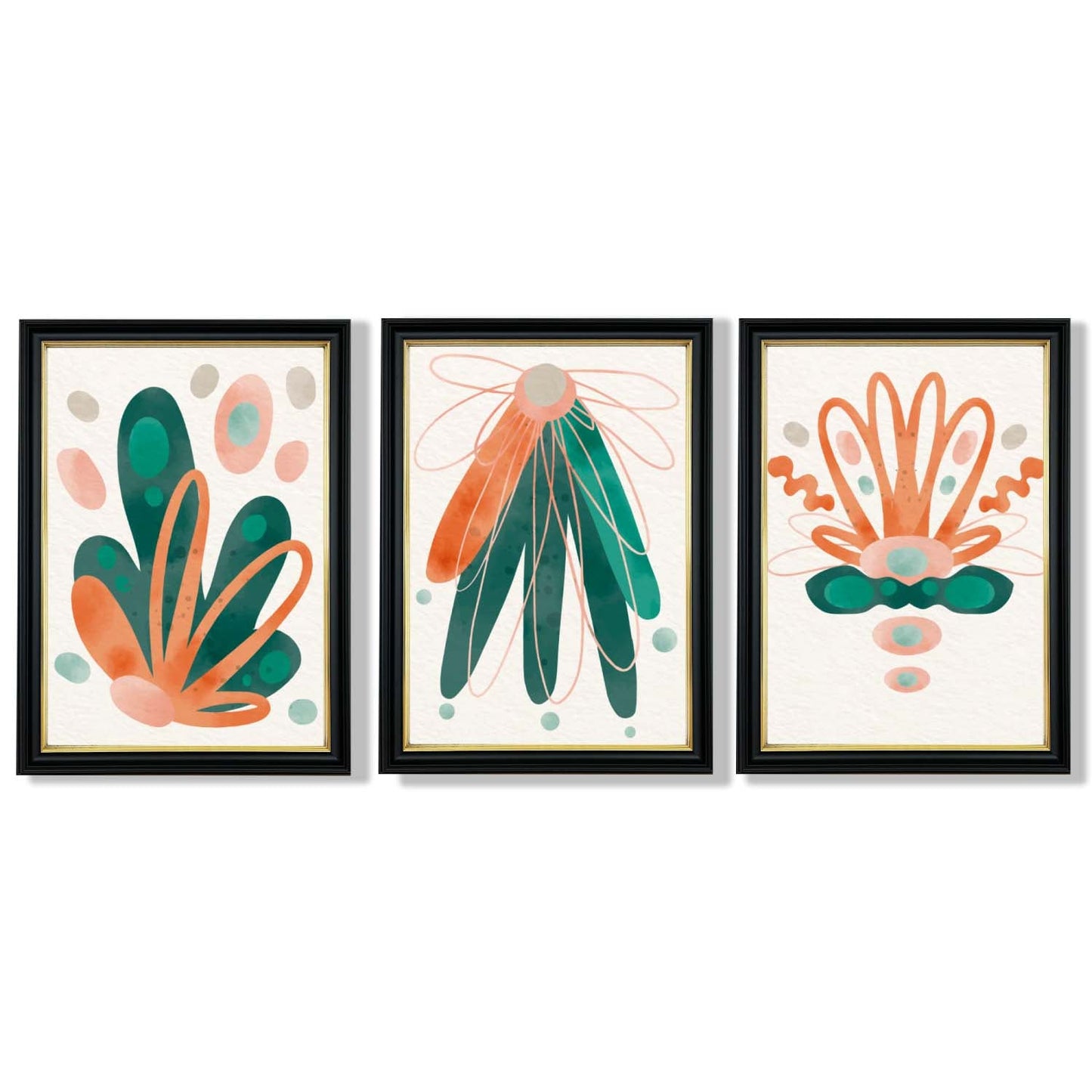 Abstraktes grün-oranges Blumenmuster, 3 gerahmte Kunstdrucke