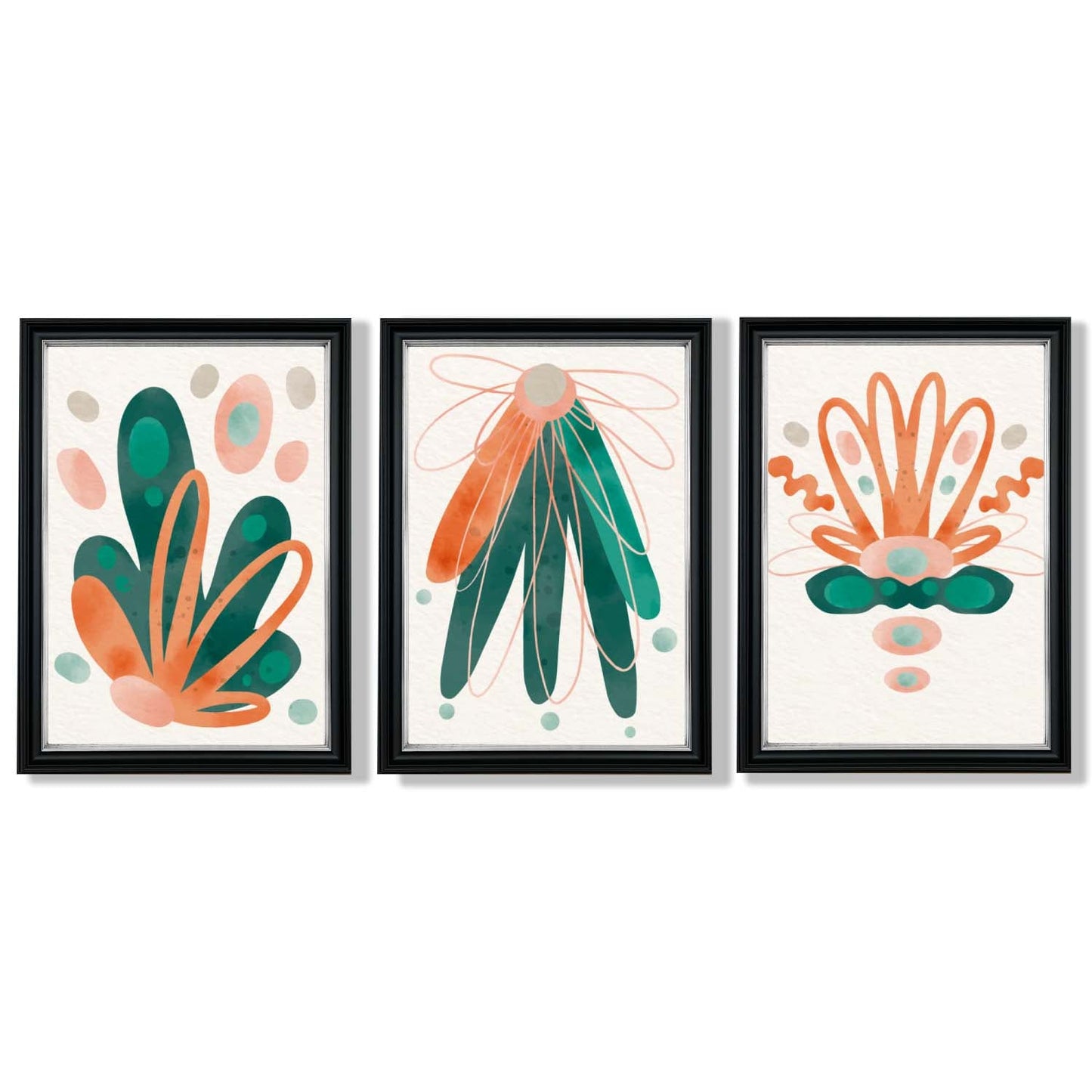 Abstraktes grün-oranges Blumenmuster, 3 gerahmte Kunstdrucke