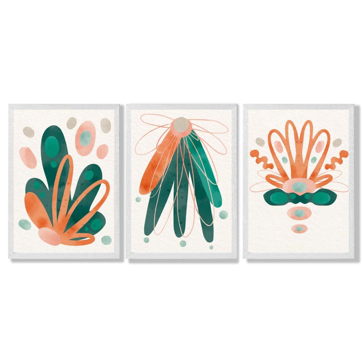 Abstraktes grün-oranges Blumenmuster, 3 gerahmte Kunstdrucke