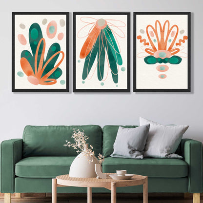 Abstraktes grün-oranges Blumenmuster, 3 gerahmte Kunstdrucke