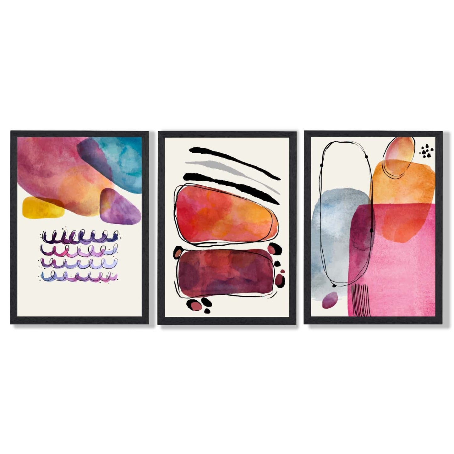 Abstrakte Formen, Rosa-Lila, 3er-Set gerahmter Kunstdrucke