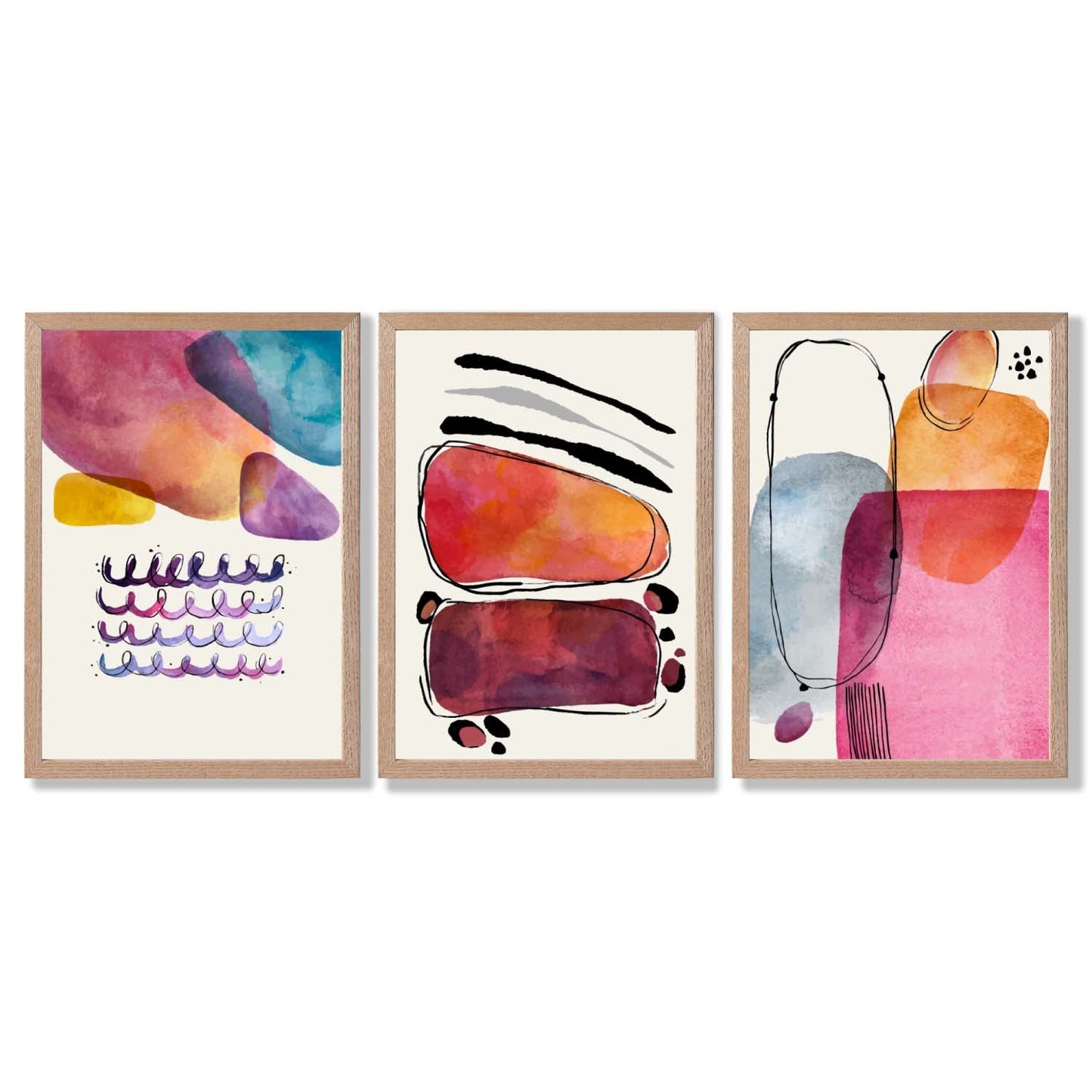 Abstrakte Formen, Rosa-Lila, 3er-Set gerahmter Kunstdrucke