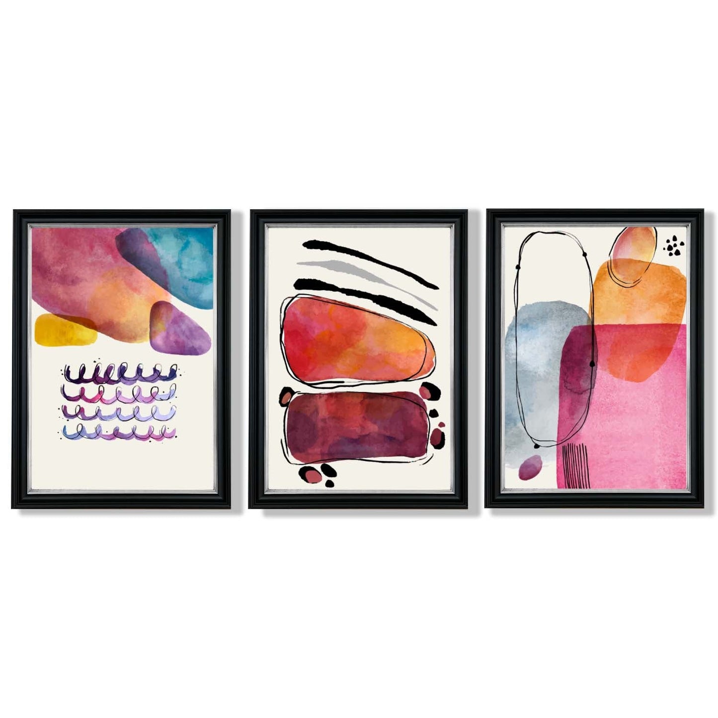 Abstrakte Formen, Rosa-Lila, 3er-Set gerahmter Kunstdrucke