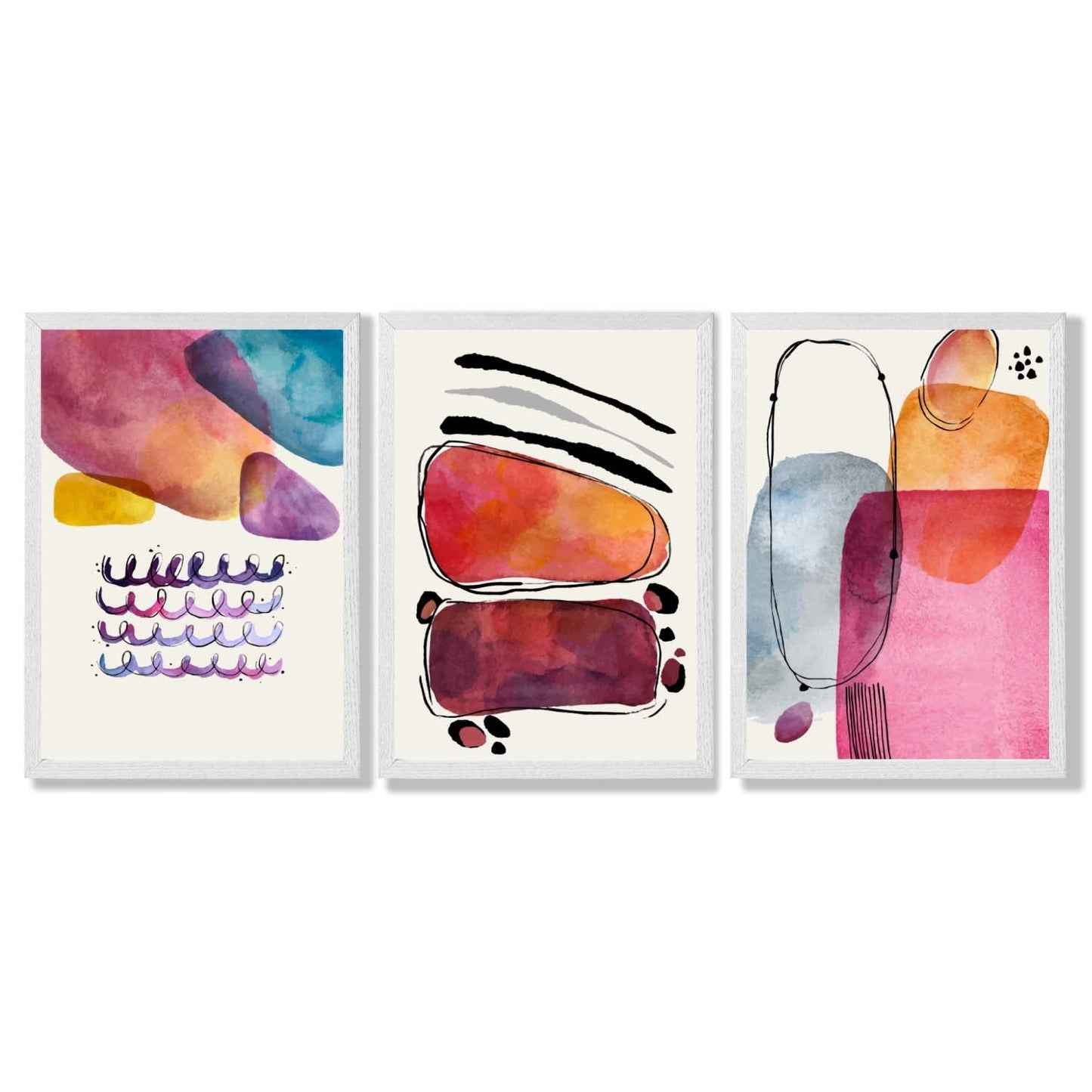 Abstrakte Formen, Rosa-Lila, 3er-Set gerahmter Kunstdrucke