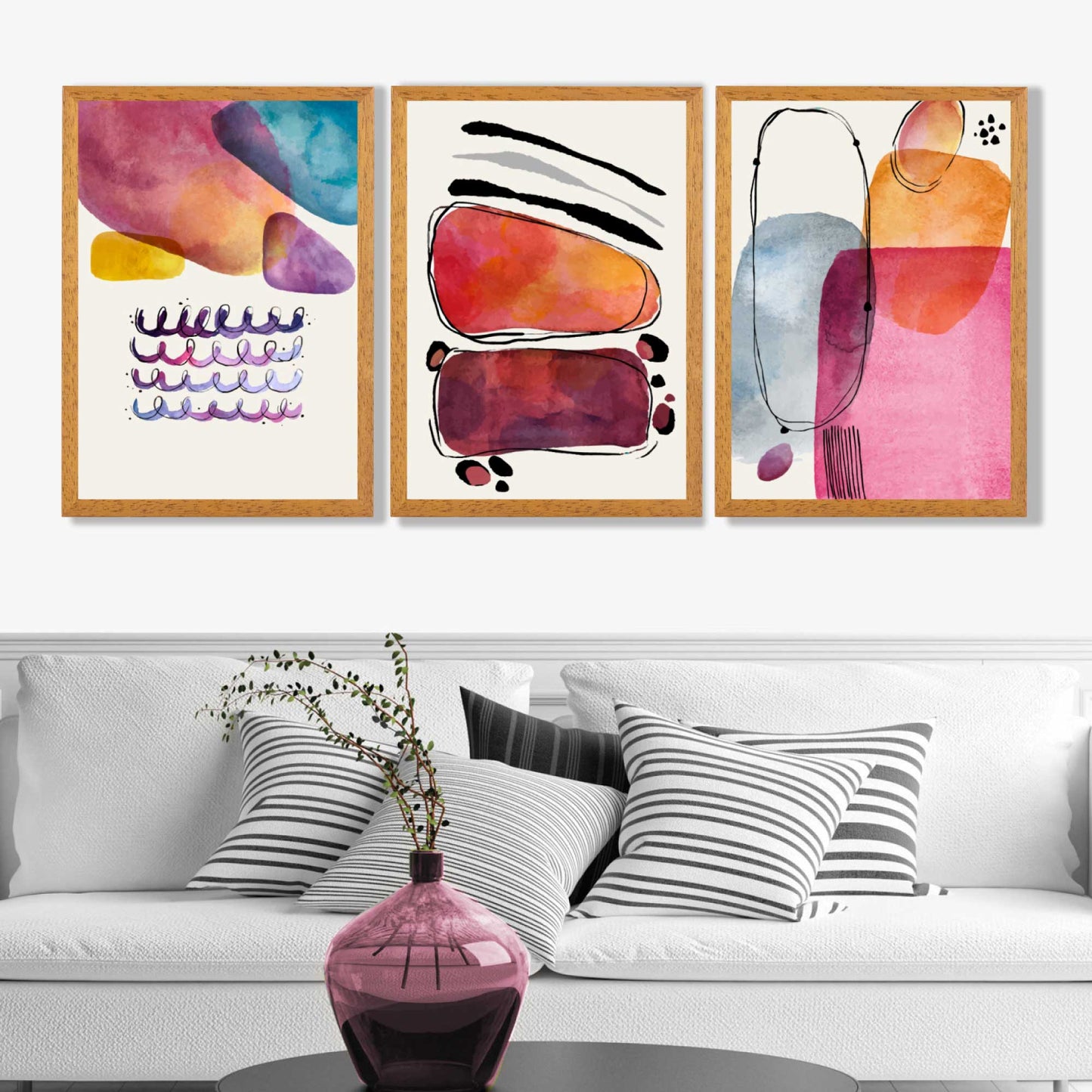 Abstrakte Formen, Rosa-Lila, 3er-Set Kunstdrucke