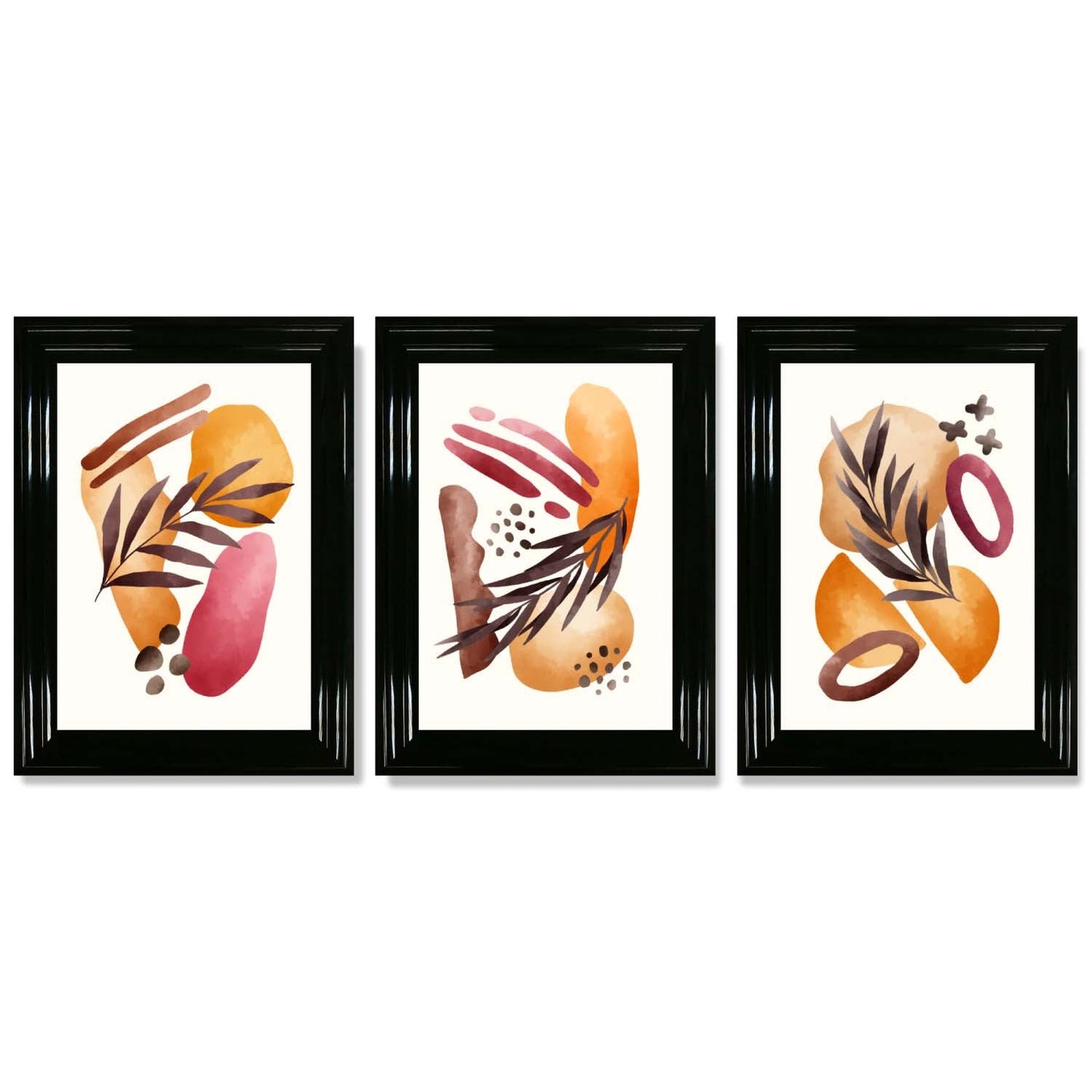 Abstraktes tropisches Herbstmotiv – Set aus 3 gerahmten Kunstdrucken
