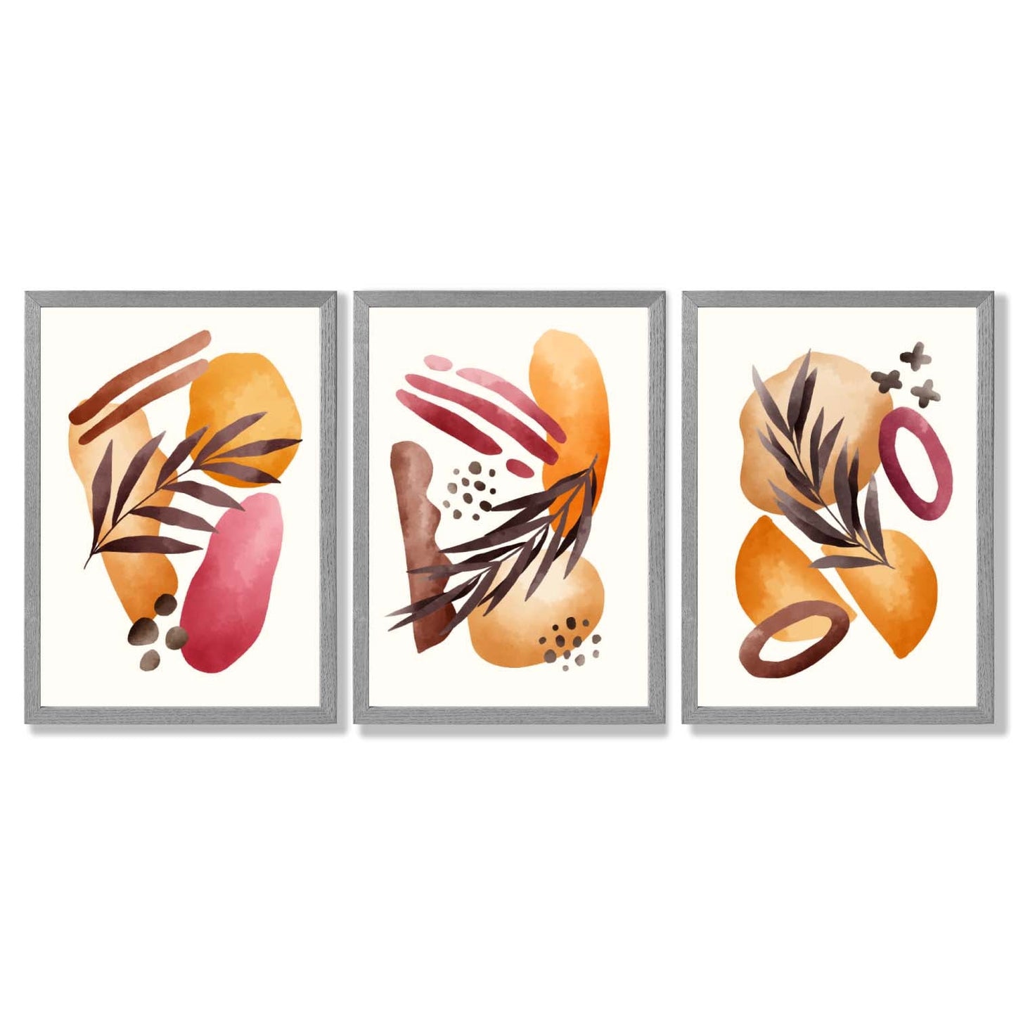 Abstraktes tropisches Herbstmotiv – Set aus 3 gerahmten Kunstdrucken
