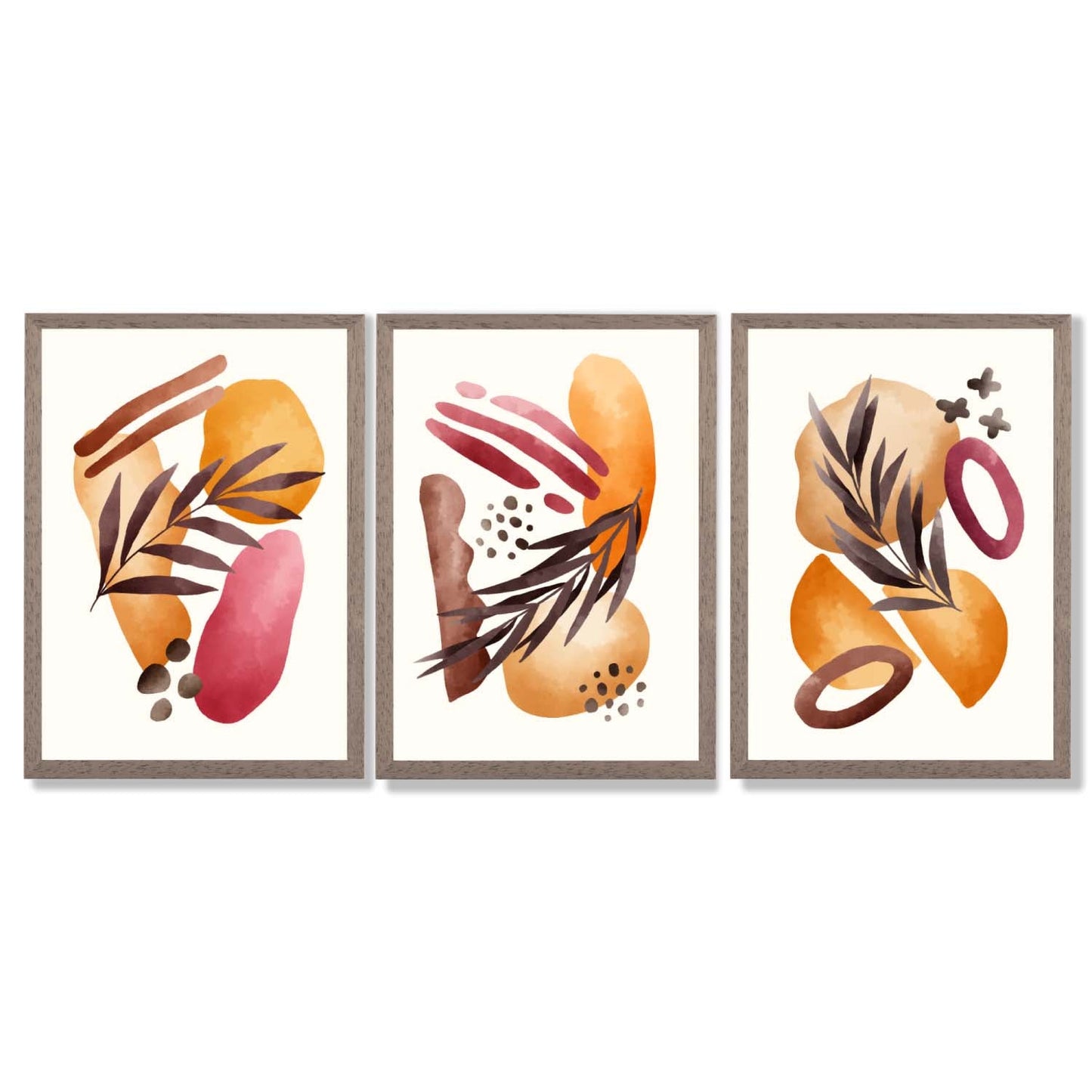 Abstraktes tropisches Herbstmotiv – Set aus 3 gerahmten Kunstdrucken