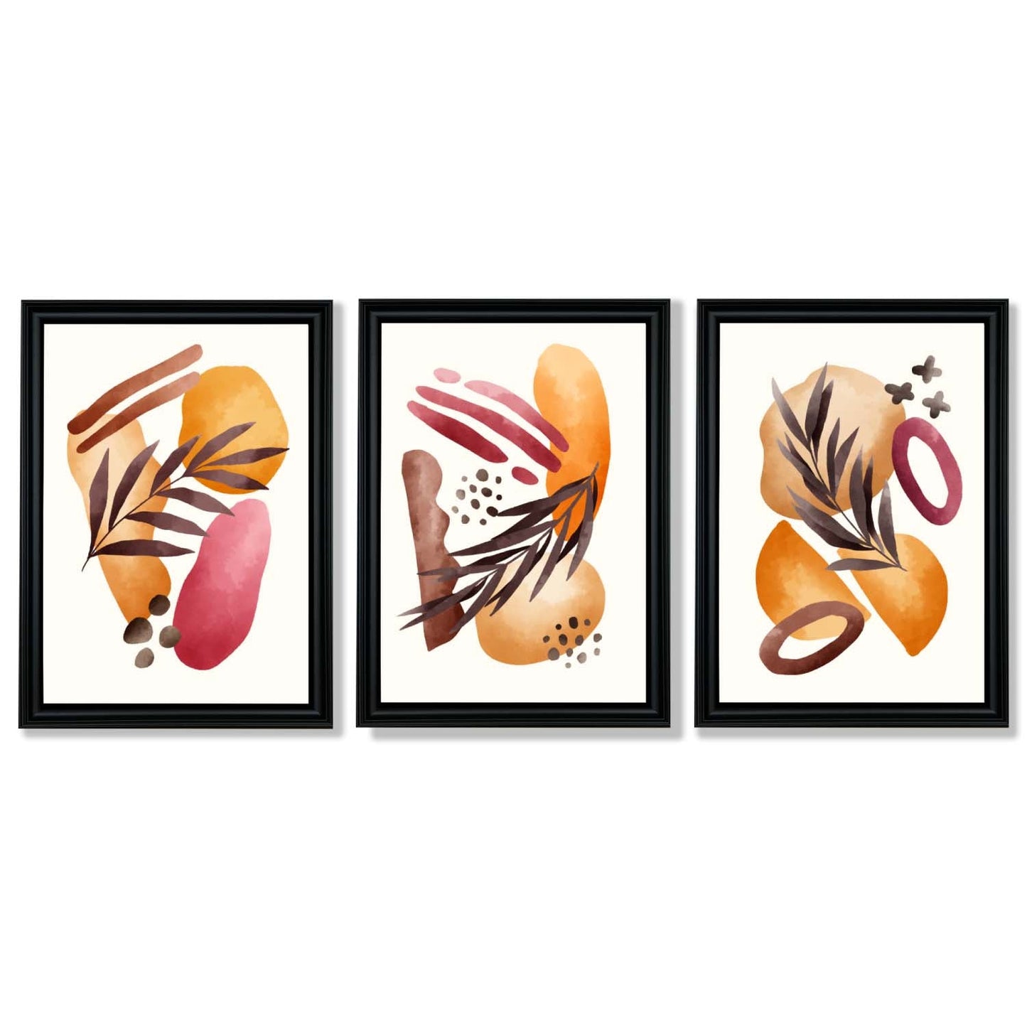 Abstraktes tropisches Herbstmotiv – Set aus 3 gerahmten Kunstdrucken