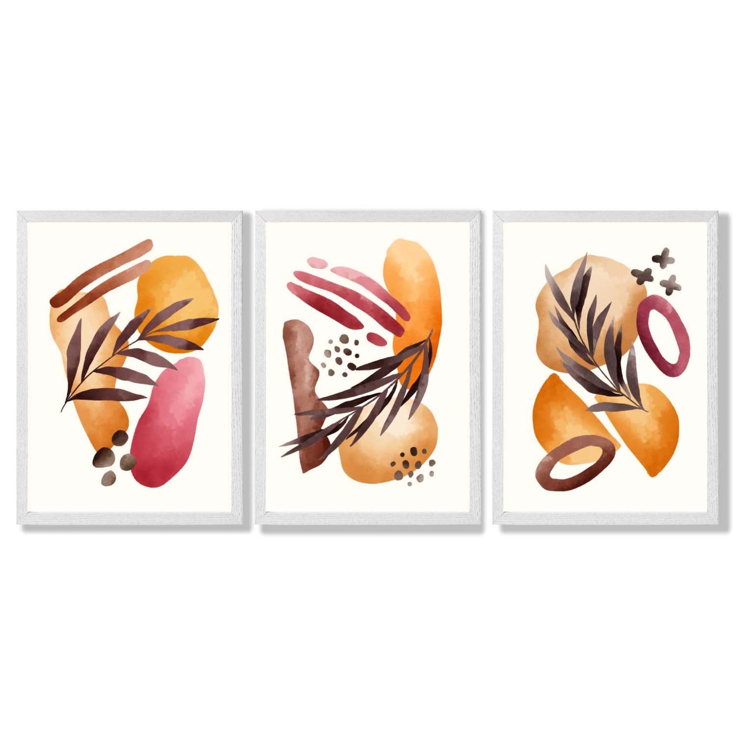Abstraktes tropisches Herbstmotiv – Set aus 3 gerahmten Kunstdrucken