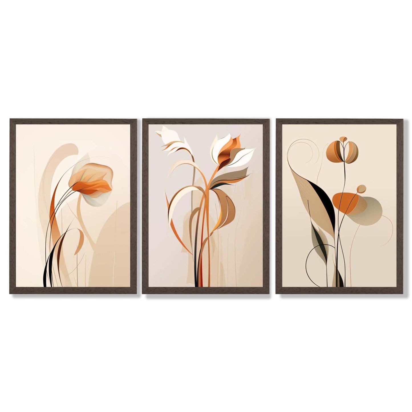 Art-Deco-Kunstdrucke, beige-orange mit Blumenmuster, 3-teiliges gerahmtes Kunstdruck-Set