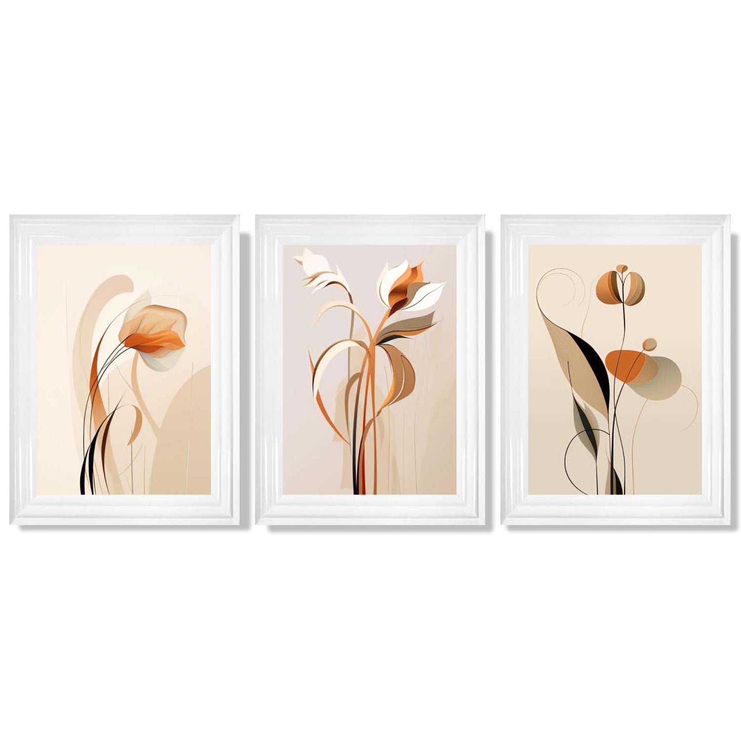 Art-Deco-Kunstdrucke, beige-orange mit Blumenmuster, 3-teiliges gerahmtes Kunstdruck-Set