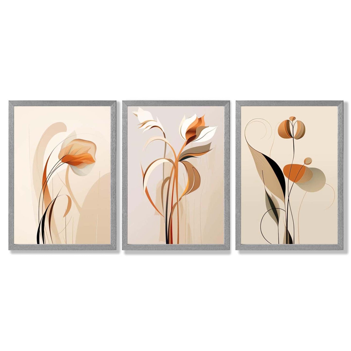 Art-Deco-Kunstdrucke, beige-orange mit Blumenmuster, 3-teiliges gerahmtes Kunstdruck-Set