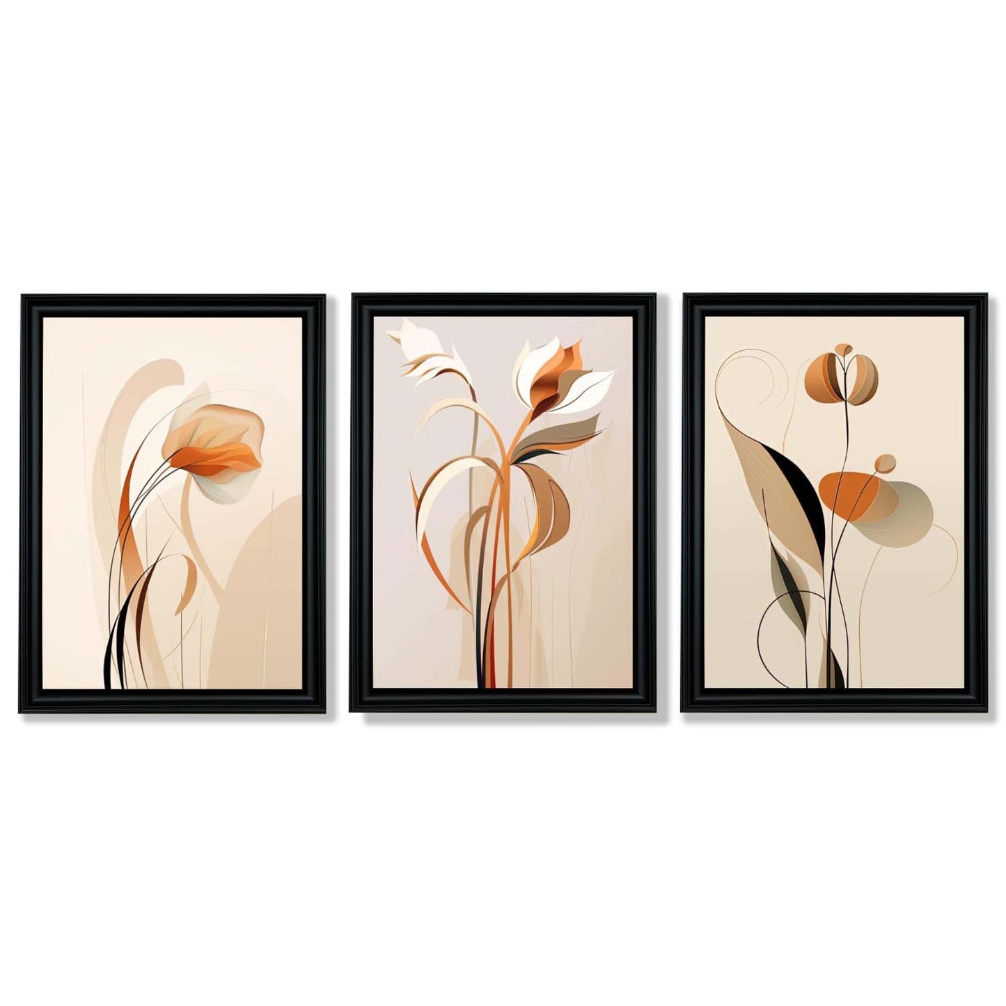 Art-Deco-Kunstdrucke, beige-orange mit Blumenmuster, 3-teiliges gerahmtes Kunstdruck-Set