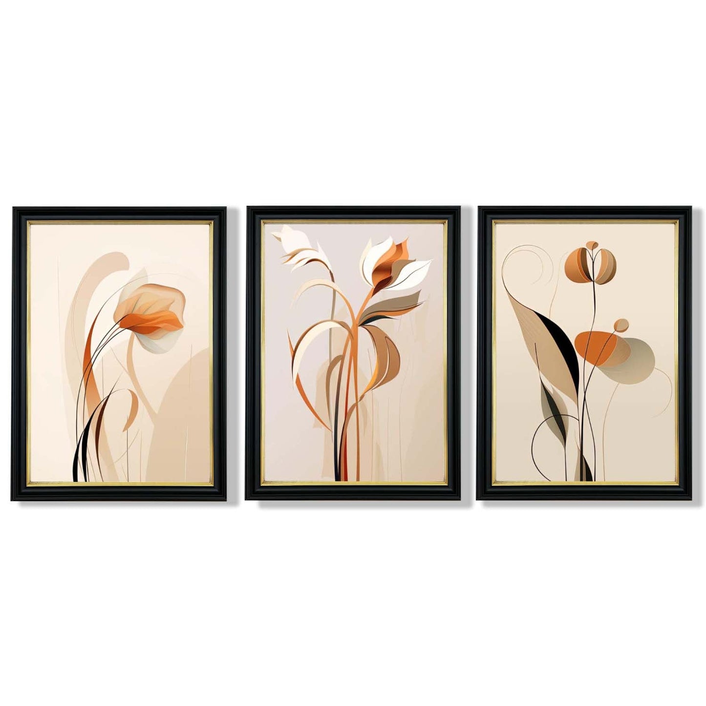 Art-Deco-Kunstdrucke, beige-orange mit Blumenmuster, 3-teiliges gerahmtes Kunstdruck-Set