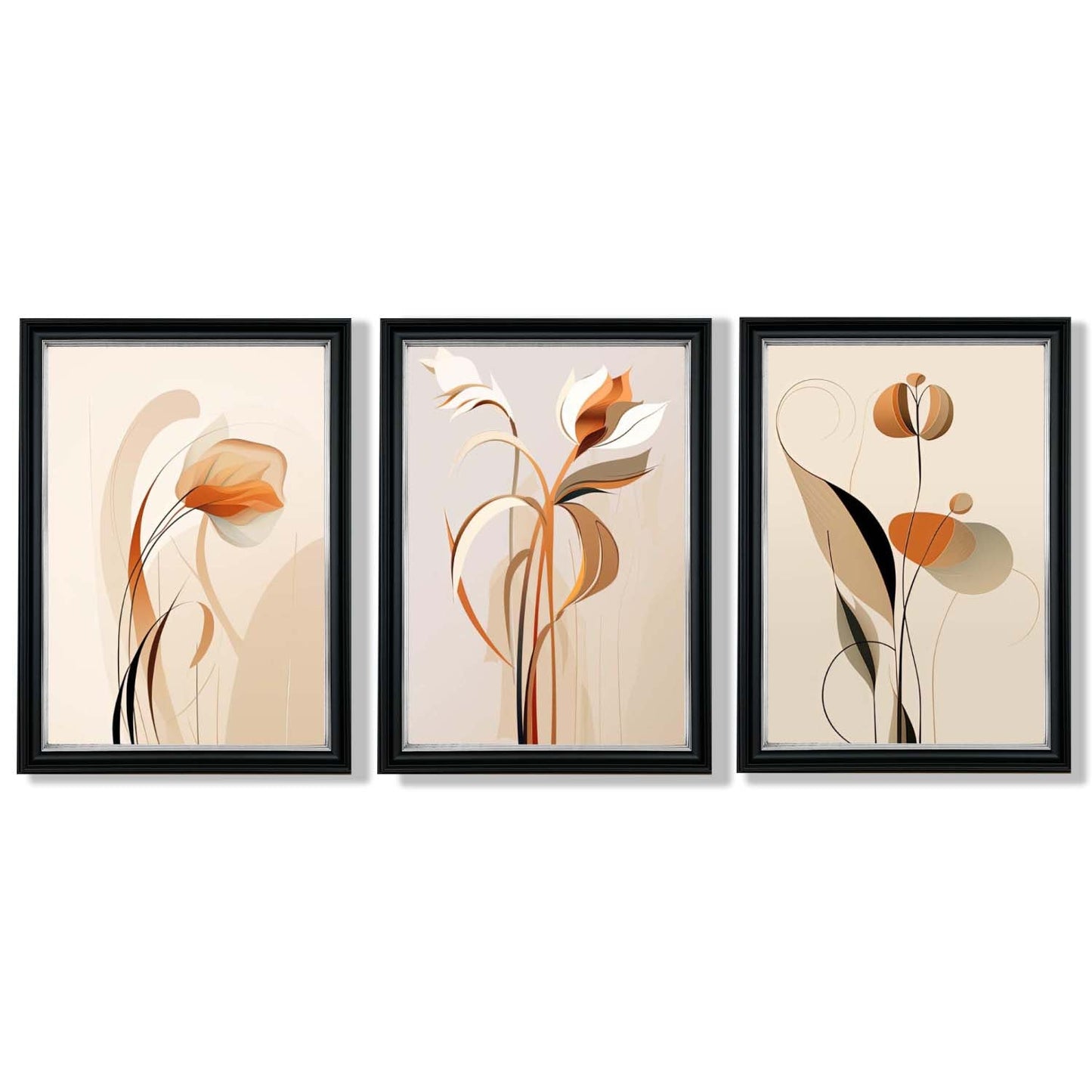 Art-Deco-Kunstdrucke, beige-orange mit Blumenmuster, 3-teiliges gerahmtes Kunstdruck-Set