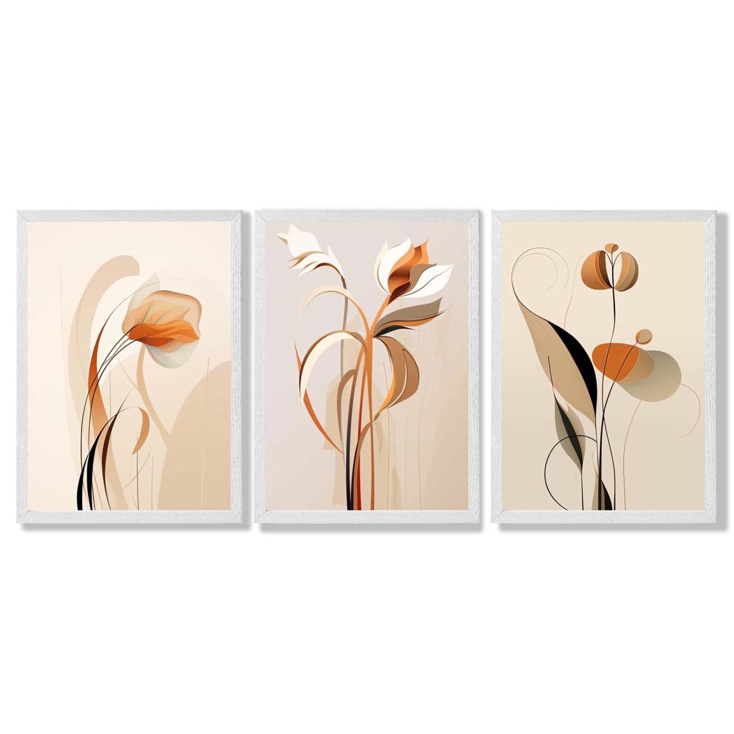 Art-Deco-Kunstdrucke, beige-orange mit Blumenmuster, 3-teiliges gerahmtes Kunstdruck-Set