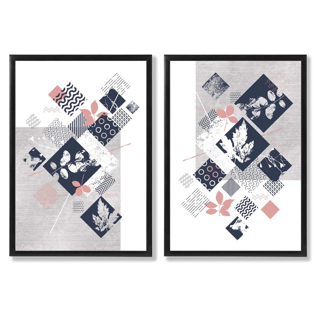 Set aus 2 Kunstdrucken mit Blumenrahmen in Blau, Rosa und Grau (Mischtechnik)