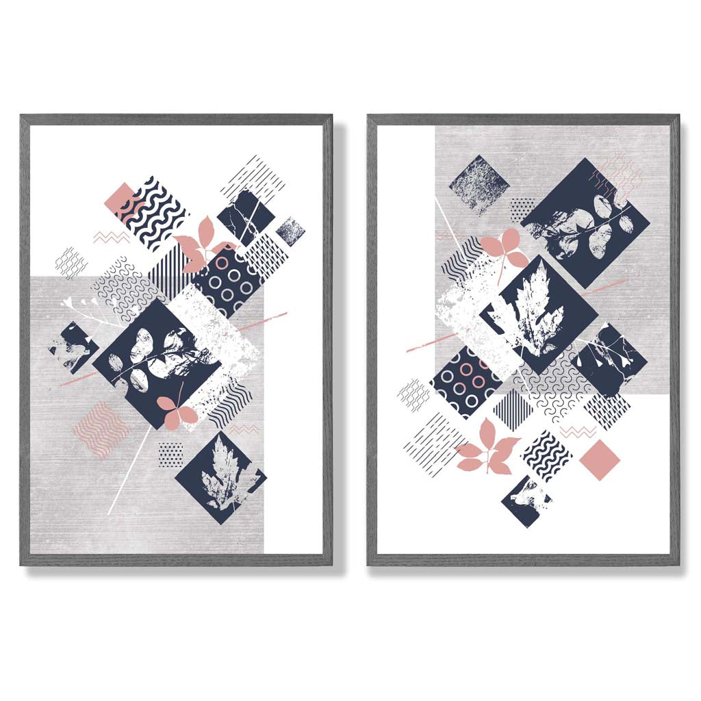 Set aus 2 Kunstdrucken mit Blumenrahmen in Blau, Rosa und Grau (Mischtechnik)