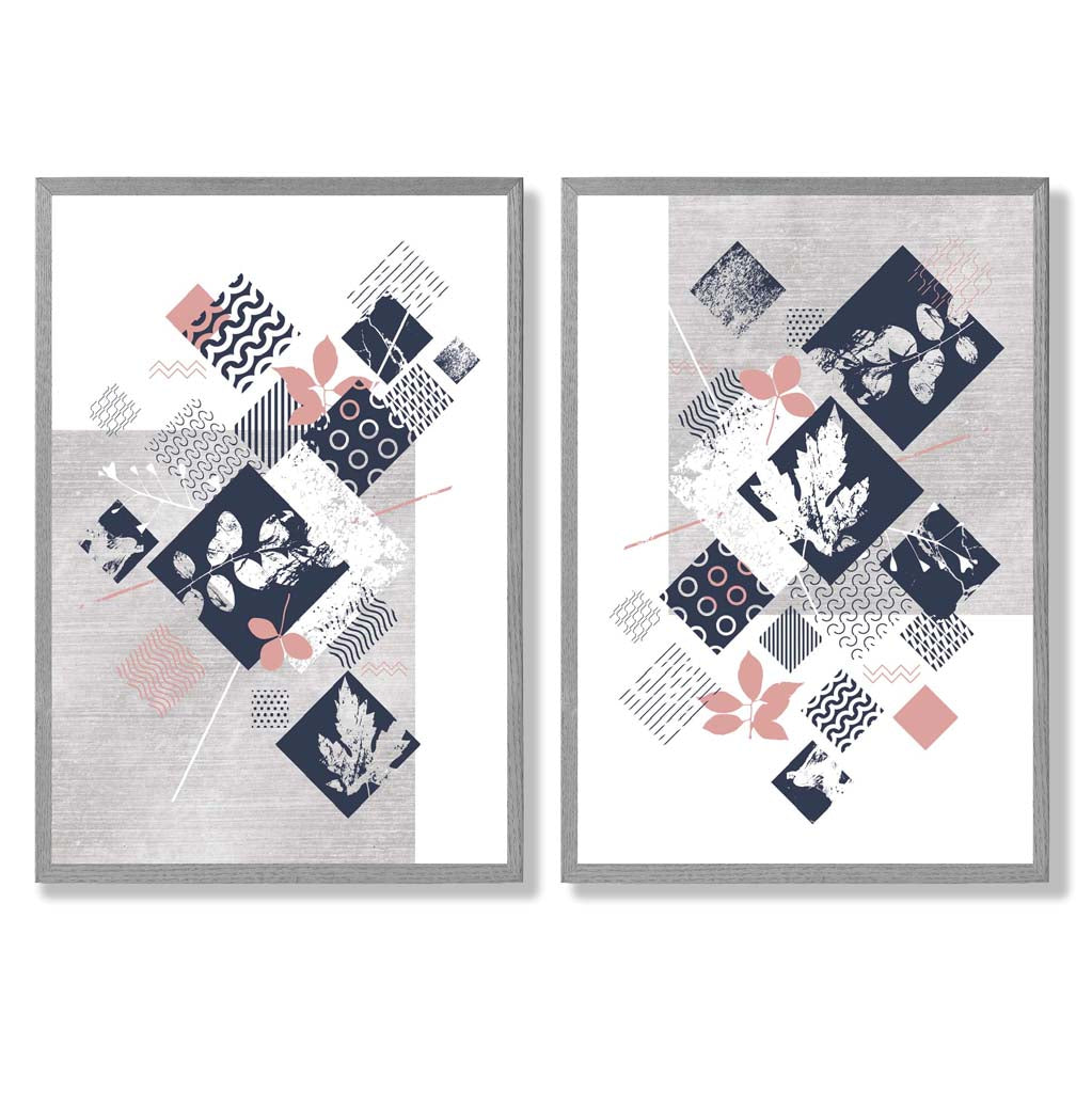 Set aus 2 Kunstdrucken mit Blumenrahmen in Blau, Rosa und Grau (Mischtechnik)