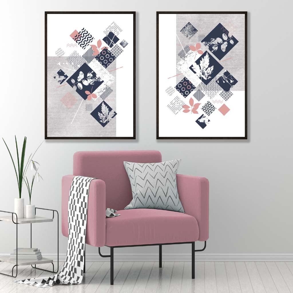 Set aus 2 Kunstdrucken mit Blumenrahmen in Blau, Rosa und Grau (Mischtechnik)