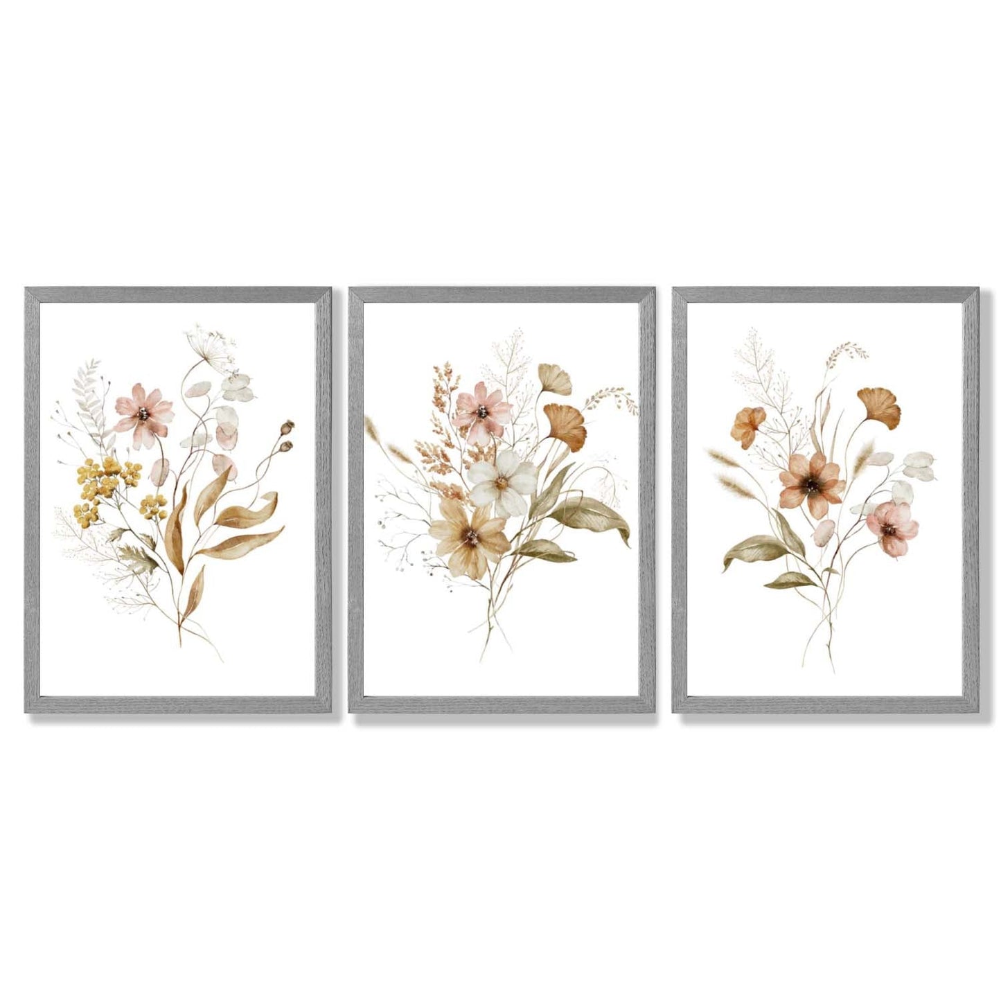 Herbstliche Wildblumensträuße – 3 gerahmte Kunstdrucke