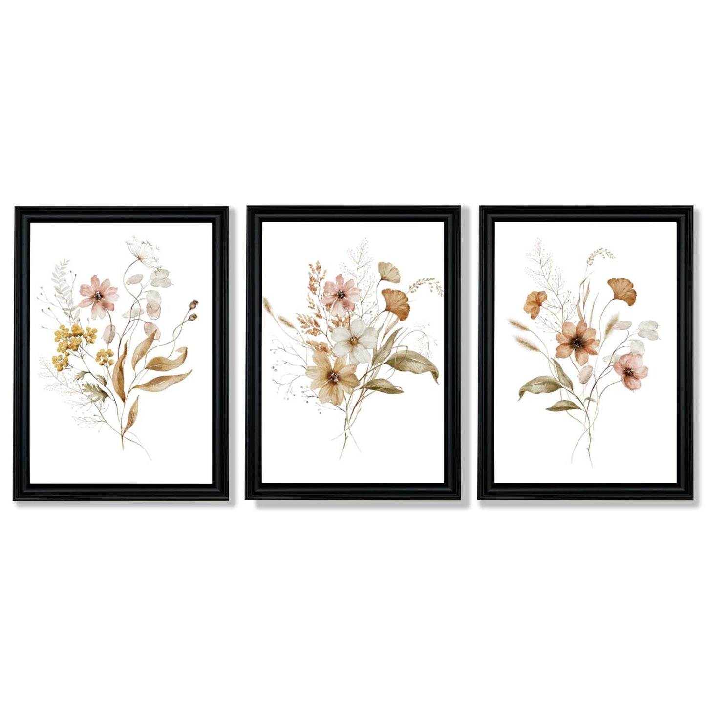 Herbstliche Wildblumensträuße – 3 gerahmte Kunstdrucke
