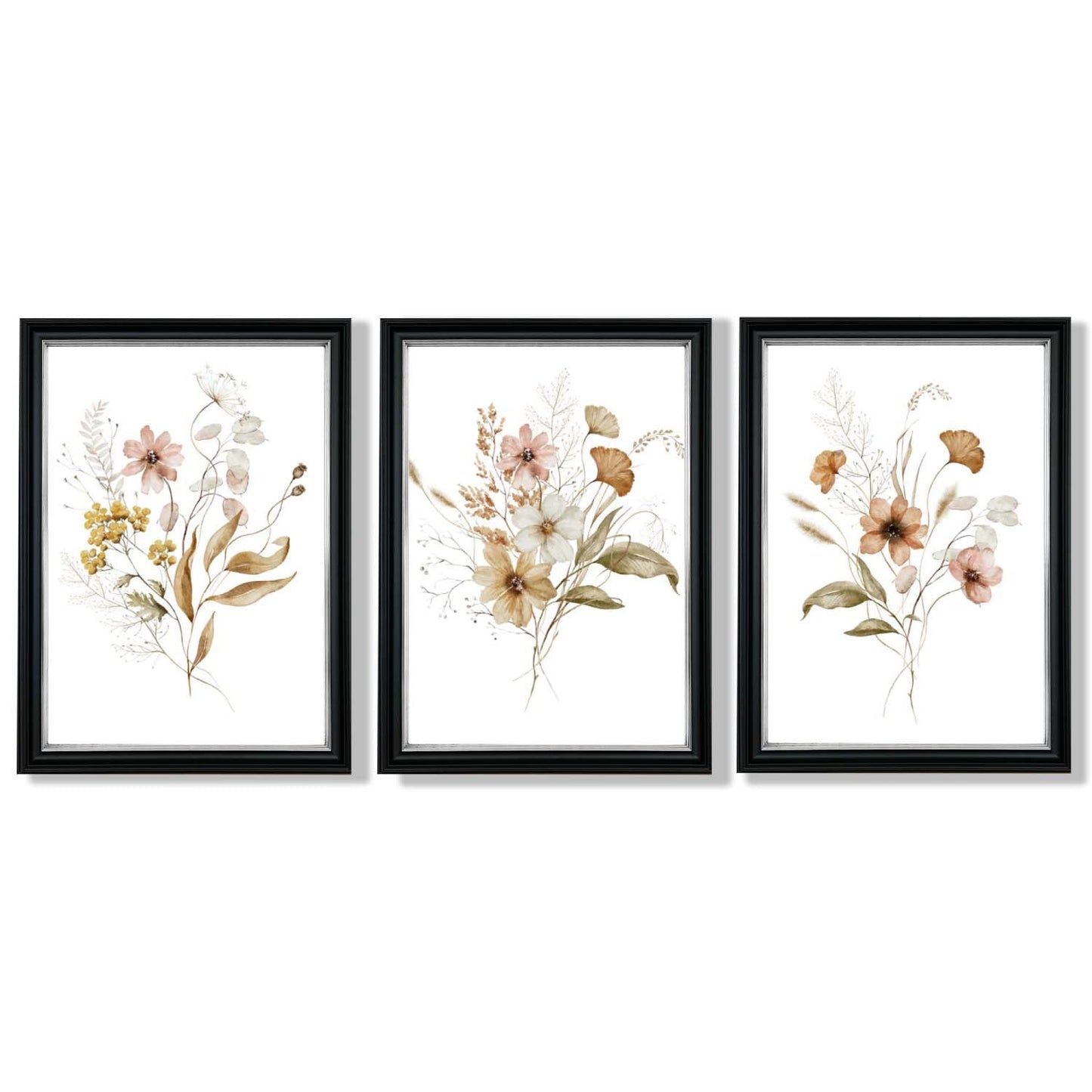 Herbstliche Wildblumensträuße – 3 gerahmte Kunstdrucke