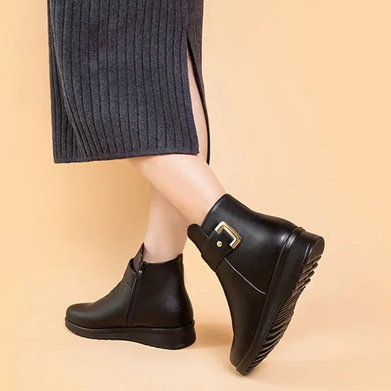 Orthopädische Damenstiefel mit Metallschnalle aus echtem Leder und Wolle