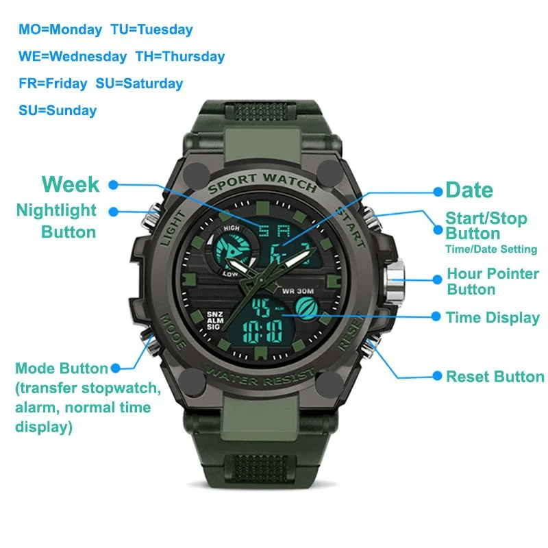 Brehn | Sportliche Dual-Display Mode Multifunktionale wasserdichte leuchtende Herrenarmbanduhr