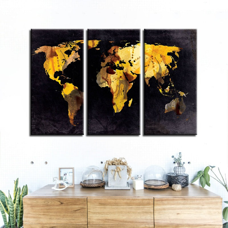 Schöne gelbe Blätter-Weltkarte-Leinwand Wandkunst Malerei 3 Teile