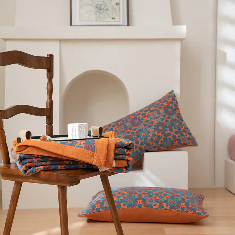 Brehn | Orange & Blau Muster Sechs-Layer Baumwolle Decke - TerraLoom