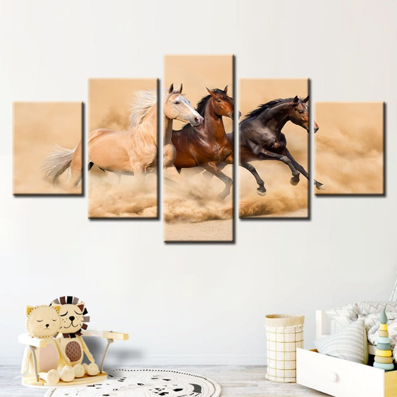 5 Stück Drei laufende Pferde in der Wüste - Leinwand Wandkunst Gemälde