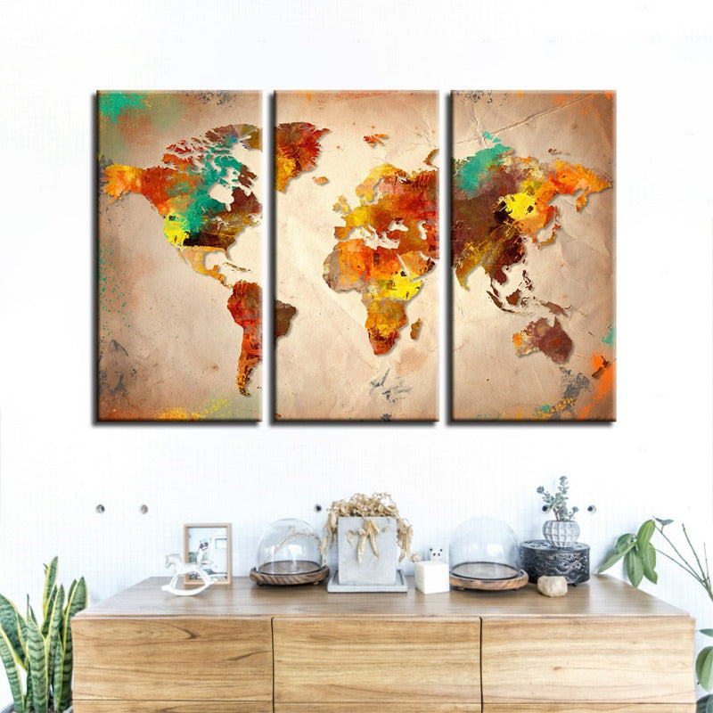 Schöne abstrakte mehrfarbige Weltkarte - Leinwand Wandkunst Malerei 3 Stücke