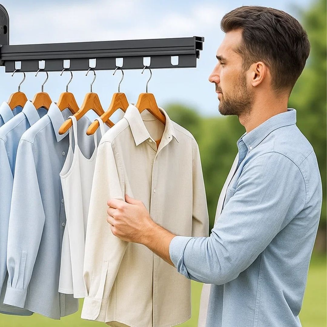 SpaceEase | Klappbarer Kleiderbügel – Ausziehbares Wandregal – Edelstahl – Ideal für kleine Räume Brehn