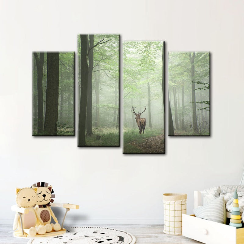 4 Stück Neblige Mystische Rehe im Wald - Leinwand Wandkunst Gemälde
