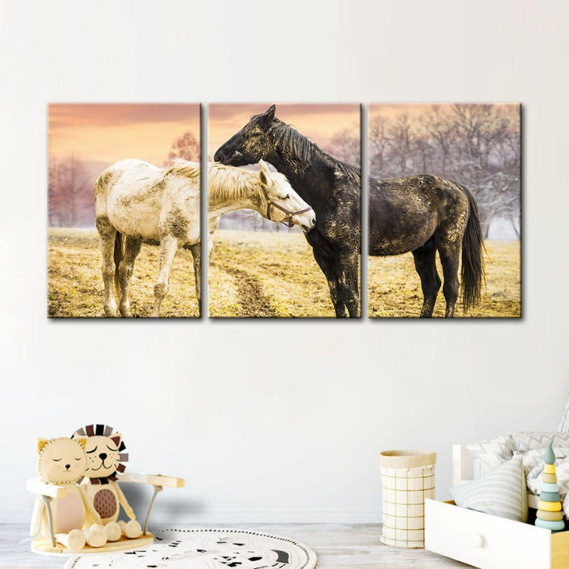 Schwarz & Weiße Pferde-Canvas Wandkunst Gemälde 3 Stücke