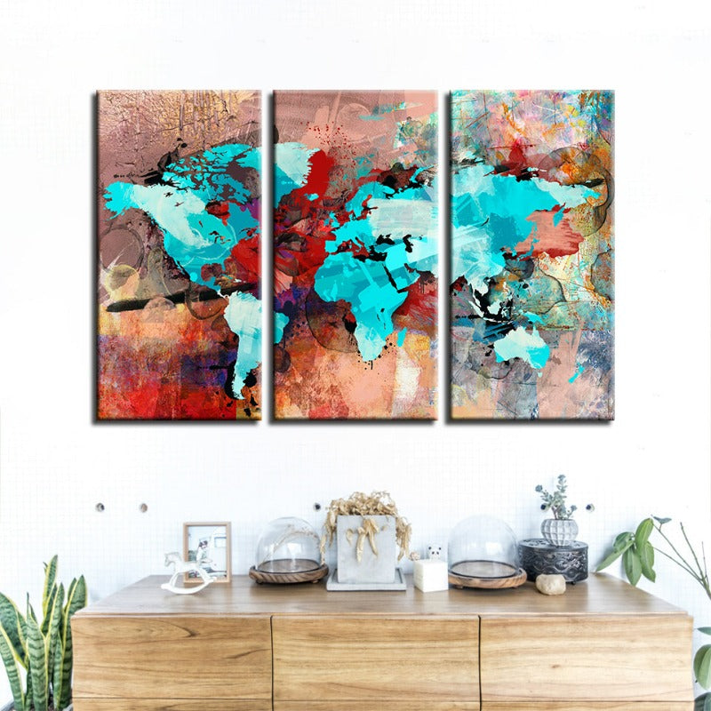 Schönes abstraktes Meerblau- und Rot-Weltkarte-Leinwand-Wandkunstgemälde 3 Teile