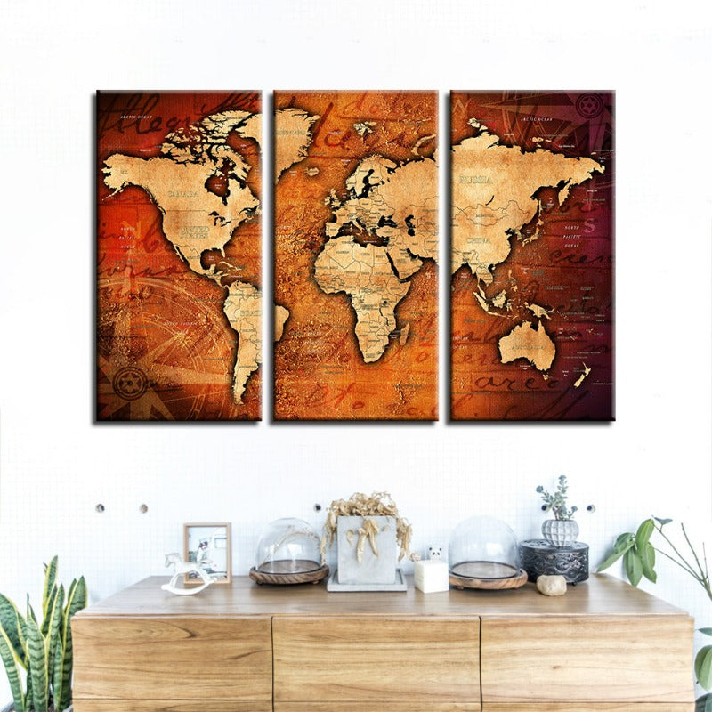 Braun & Rot Rustikale Weltkarte - Leinwand Wandkunst Gemälde 3 Teile