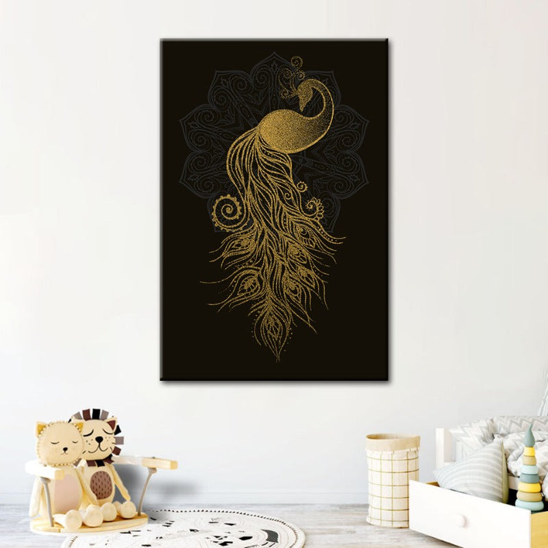 Abstract Golden Mandala Pfau - Canvas Wandkunst Malerei