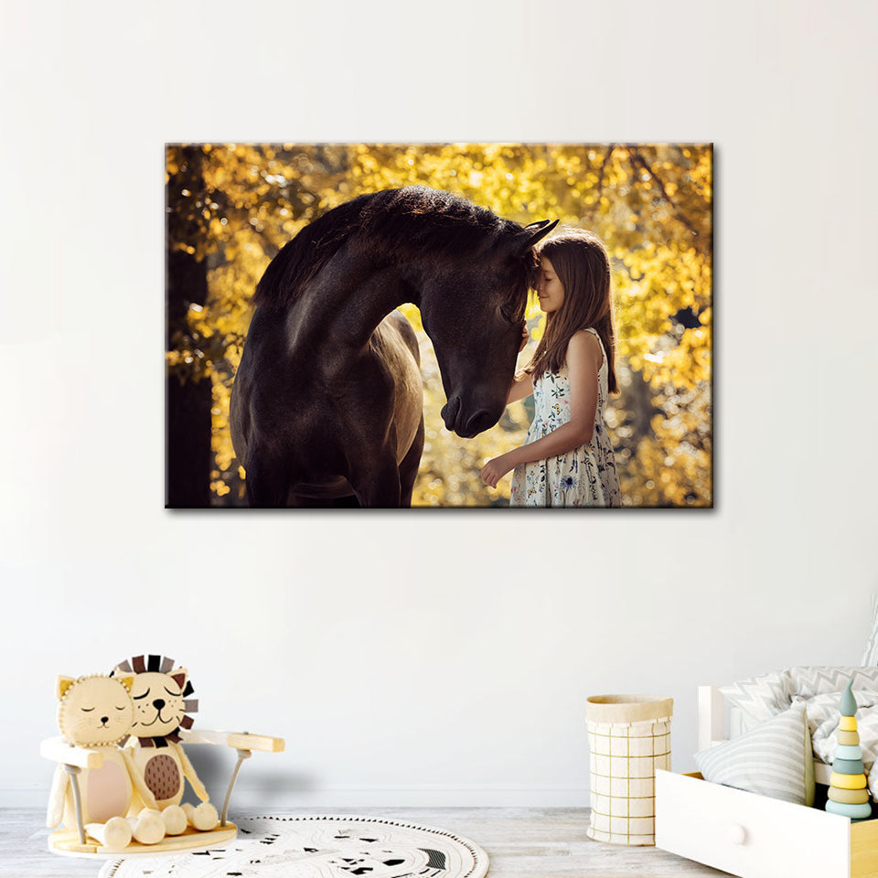 Freundschaft zwischen einem Mädchen und einem Pferd - Leinwand Wandkunst Malerei