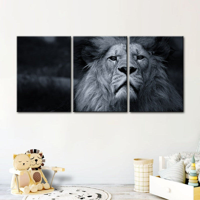 Graustufen Besorgter Löwe-Leinwand Wandkunst Gemälde 3 Teile