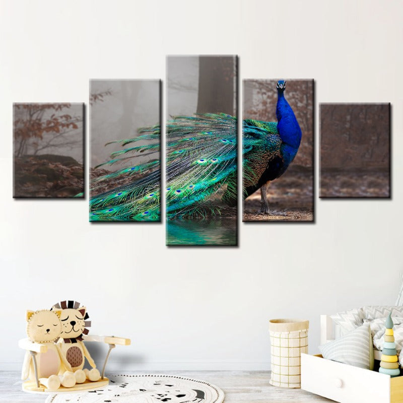 5 Stück Lebhafte Pfau am Teich - Leinwand Wandkunst Gemälde