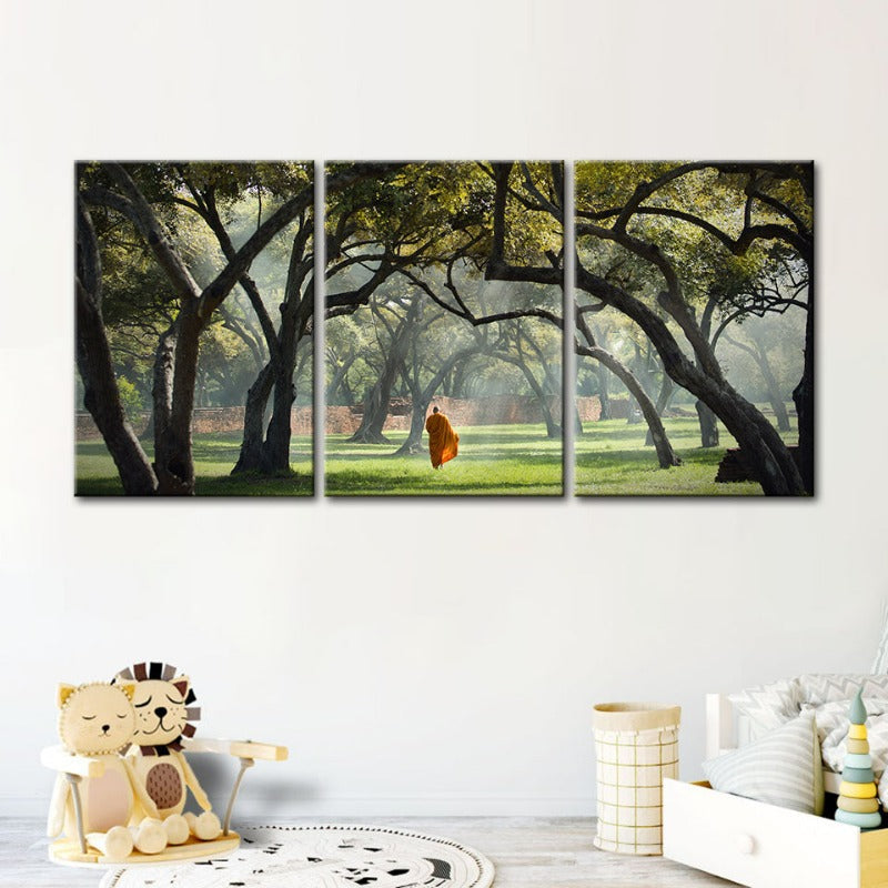 Friedlicher Mönch Gehen-Canvas Wandkunst Gemälde 3 Stücke