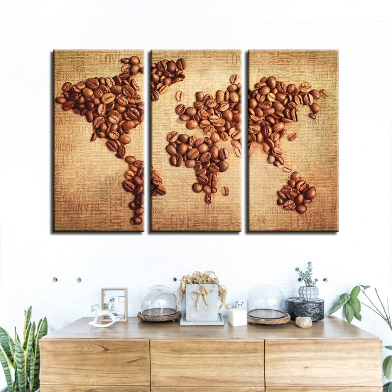 Schöne abstrakte Kaffeebohnen-Weltkarte - Leinwand Wandkunst Malerei 3 Teile
